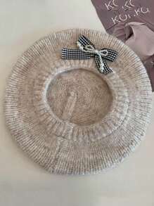 1pc Women's Bow Beret Hat, Casual Warm Knitted Fuzzy Painter Beret Cap, Large Circumference, Versatile, Suitable For Outdoor, Dating, Gathering, Daily Use, Autumn/Winter Autumn Accessories