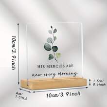 1 pieza Placa acrílica cristiana "Sus misericordias se renuevan cada mañana" con soporte de madera, letrero acrílico inspirador con versículo bíblico y eucalipto para decorar el escritorio, el hogar, el dormitorio, la sala de estar y la estantería