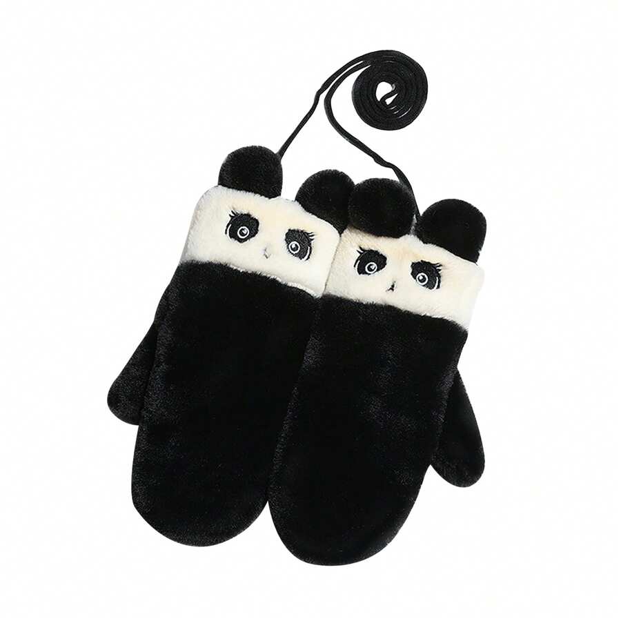 Women Winter Mittens With String Cute Rabbit/Panda Fleece Gloves Plush Warm Mittens For Cold Weather - Black - View 1
