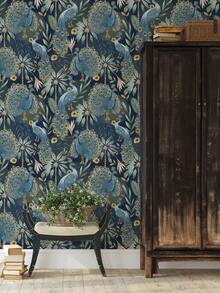 Papier peint autocollant amovible vintage à fleurs bleues et paon. Papier peint autocollant amovible et imperméable pour dosseret de cuisine, armoire, papier peint, stickers muraux, décoration murale, décoration de chambre, décoration de cuisine, décoration de la maison