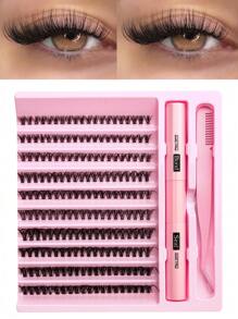 200pcs/200pcs*2 DIY Eyelash Extension Kit, Individual Lash Clusters, D-Curl, 8-16mm Mixed Lash Clusters, Includes Lash Glue, Sealant And Eyelash Extension Tools, Convenient For Self-Application At Home. Eyelash Cluster Set, Eyelashes, False Eyelashes - Black - View 2