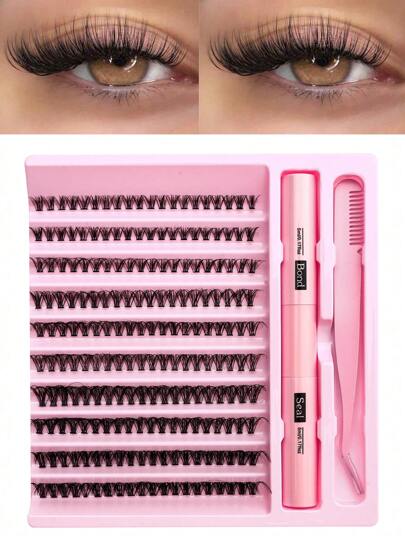 200pcs/200pcs*2 DIY Eyelash Extension Kit, Individual Lash Clusters, D-Curl, 8-16mm Mixed Lash Clusters, Includes Lash Glue, Sealant And Eyelash Extension Tools, Convenient For Self-Application At Home. Eyelash Cluster Set, Eyelashes, False Eyelashes