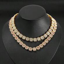 Alloy Necklace Round Rock Candy Blue Sapphire Cuban Chain Light Luxury Style Personality Unisex Sugar Cube Clavicle Necklace - 銀色8inch(藍鑽) - 查看 2
