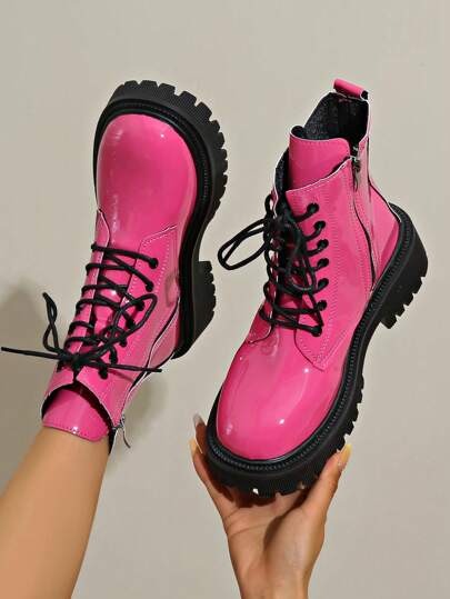 New Women Flat Ankle Boots, Thick Sole Black Leather Motorcycle Boots, Round Toe Lace-Up Fashion Short Boots, Autumn/Winter