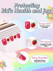 NAIO 24pcs False Nails Kids Girls Press On Short Artificial False Nails Cute Pre Glued Full Coverage Acrylic Nail Tips Set Suitable For Children Little Girls Nail Decoration (Strawberry Girl)