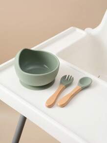 3件套个性化定制名字和图案婴儿硅胶吸盘碗木柄叉勺定制餐具套装适用于婴幼儿餐具