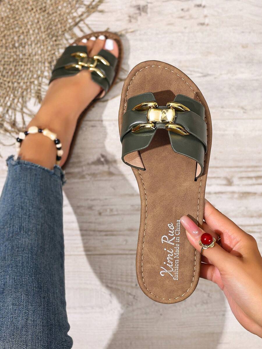 Nouvelles sandales femme de marque H Style pour le printemps/été, sandales romaines casual à lanières, mules confortables en noir, beige, marron, plates, gaufrées, désert key, élégantes sandales compensées à strass, chaussures de plage, mules minimalistes d'intérieur/extérieur, sandales plates à motif crocodile avec décoration métallique