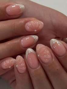24pcs Short Oval 3D Gel Nail Stickers, Create Pearl Flower Nail Art, French Acrylic Press-On Nails, Short Size Perfectly Fit False Nails Set, Includes: 1pc Jelly Gel And 1pc Nail File, Easy To Wear, French Nail Stickers Suitable For Women And Girls For Daily, Party And Other Occasions - 彩色 - 查看 2