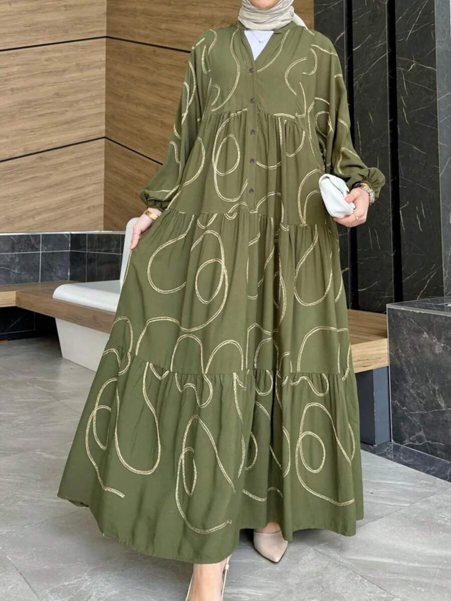 Elegant Print Robe, Viscose-Like Soft, Suitable For Daily Wear And Festivals - Army Green - View 1