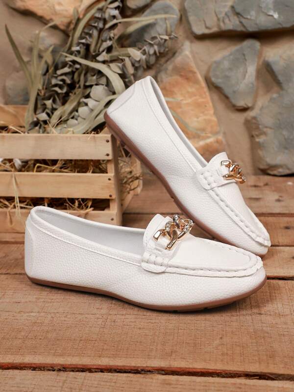 Casual Slip-On Flat Shoes, New Design Anti-Slip Versatile Soft Bottom Loafers, Preppy College, Pure Metal Office Wear For Mothers