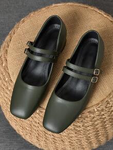 MonaNise 女士3厘米布面包跟黑色时尚百搭玛丽珍低跟粗跟优雅平底鞋，另有藏蓝色、咖啡色、酒红色可选 - 軍綠色 - 查看 4