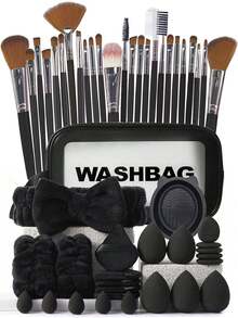 41件套专业化妆工具套装，大容量化妆包套装，包含：1个化妆包、20支化妆刷、1个发带、2个腕带、4个水滴形化妆海绵、4个三角粉扑、4个迷你水滴形化妆海绵、4个迷你指套粉扑、1个清洁工具，适用于液体彩妆、粉状彩妆和遮瑕膏，旅行化妆刷套装，大容量收纳包，圣诞礼物，女士礼品之选。