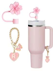 3 件/2 件适用于 30-40 盎司杯子的配件、粉色字母杯标记和硅胶芙蓉花吸管盖、硅胶防滑防刮保护套、可重复使用的 10 毫米大直径吸管吸管盖、适合现代简约玻璃杯的可爱字母装饰