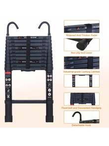 Vandise 3.2-6.2m Heavy Duty Aluminum Telescoping Ladder 150kg/330lb Max Load Capacity - Detachable Anti-Slip Hooks & Rubber Feet - Portable Extension Attic Loft Roof Ladder For Home Warehouse Industrial Use - Adjustable Folding Telescopic Stair Ladder With Locking System - ANSI Certified Durable Construction Ladder For Painting Cleaning Maintenance - Black - View 3