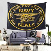 Navy SEALs Tapestry Wall Hanging - Bold Yellow Text & Emblem On Black Background, Peach Light Beige Polyester Fabric, Horizontal Home Decor For Bedroom, Living Room, Office - Military Pride Gift For Service Members & Veterans, Patriotic Design, Highquality Print, Patriotic Gifts, Bedroom Decoration, Premium Fabric, Armed Forces Fans