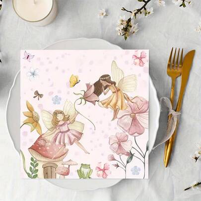 20 piezas/40 piezas/60 piezas/100 piezas/Set, Servilletas de papel desechables de doble capa con estampado floral de hadas encantadas - Decoraciones de fiesta de cumpleaños caprichosas con colores pastel suaves para celebraciones, eventos y ocasiones especiales, accesorios de cumpleaños, vajilla de celebración, diseño con tema de hadas, decorativo