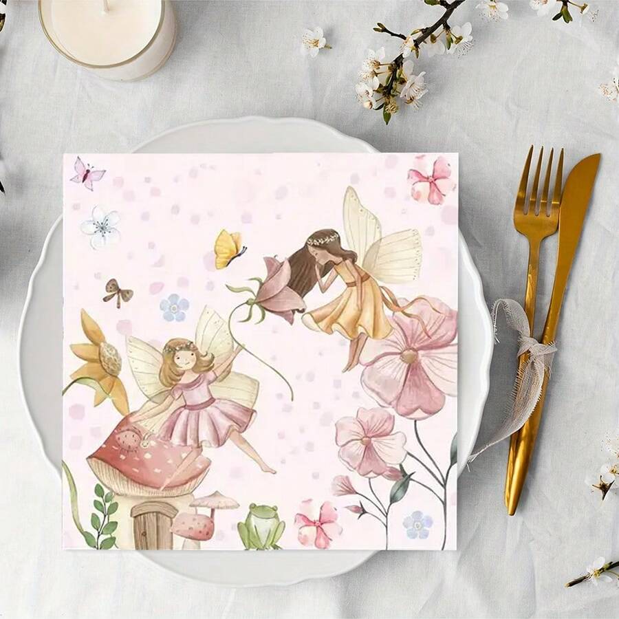 20/40/60/100 Stück, Aquarell Verzauberte Feen Papier Cocktail Servietten, 2-lagig Rosa Blumen Schmetterling Pilz Frosch Elfen Muster Einweg Servietten, Pastell Garten Feen Abendessen Servietten für Wald Feen Babyparty Prinzessin Geburtstag Brunch Tischzubehör - Mehrfarbig A - Übersicht 1