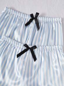 3pcs Women Striped Print Pocket Short Sleeve Top And Shorts/Pants Pajama Set, Suitable For Spring, Summer, Autumn - Blue and White - View 5