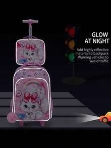BLING BABIES 3 件套女童滚轮背包，可爱卡通猫咪亮片设计滚轮包，带午餐盒和笔袋，夜光功能，粉色 - 紅花粉貓 - 查看 11