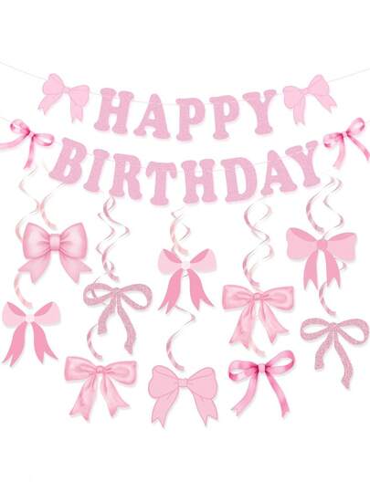 17/24pcs Chic Pink Bow Birthday Banner And Spiral Decorations - Classic Paper Hanging Ornaments For Party Celebrations, English Text, Birthday Party Decorations Pink Bow Birthday Banner Celebration Decor