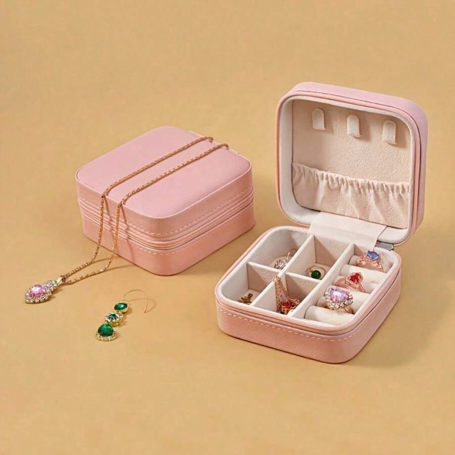1 Pc Portable Mini Solid Color Jewelry Box - Lightweight And Dust-Proof Design Travel/Home Jewelry Storage Box Great Gift - Pink - View 1