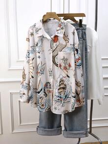 قميص كاجوال طويل الأكمام مطبوع بطبعة الحورية للمقاسات الكبيرة