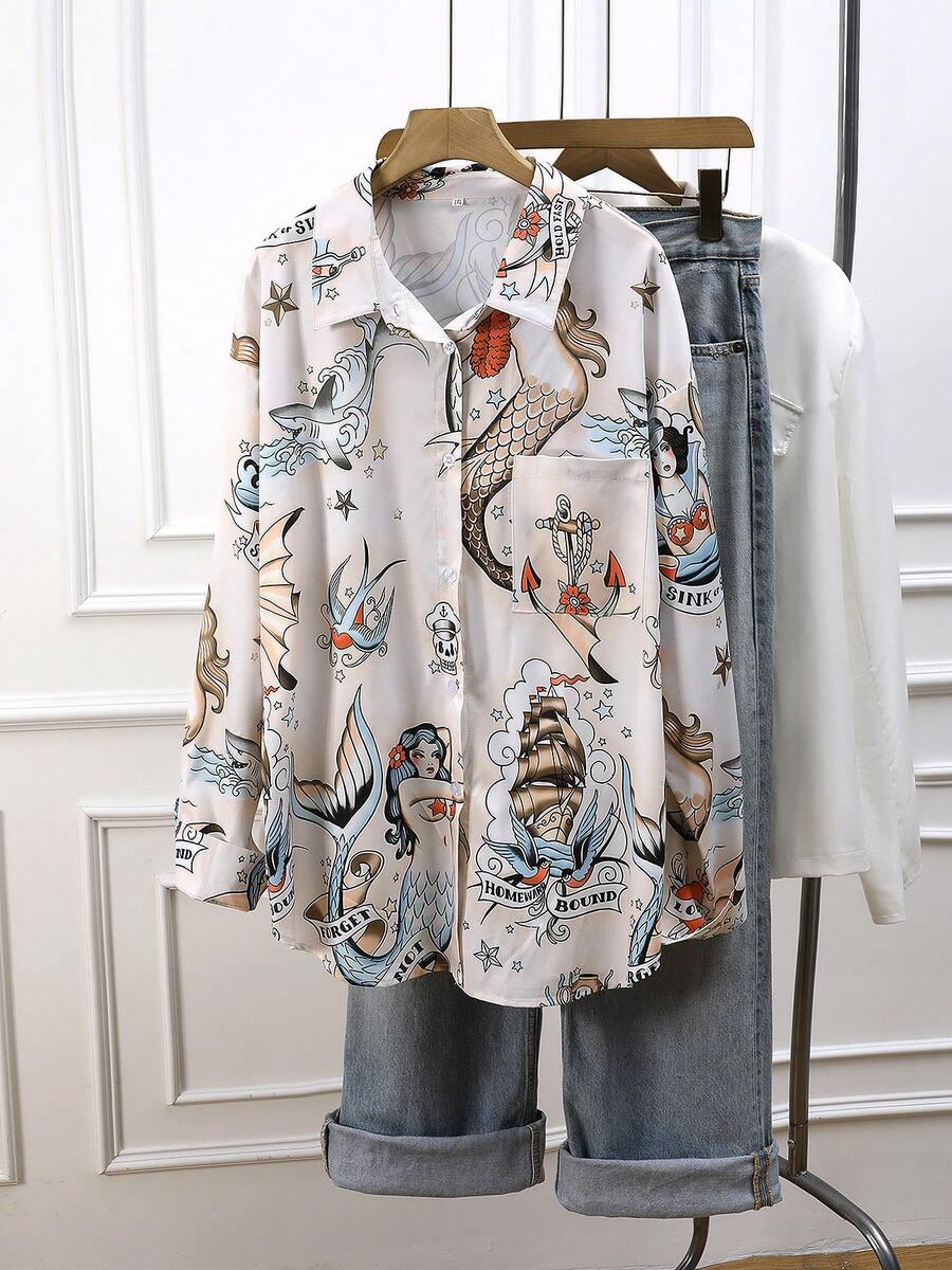 قميص كاجوال طويل الأكمام مطبوع بطبعة الحورية للمقاسات الكبيرة