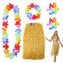 A Set Hula Outfits Hawaiian, Hawaiian Flower Skirts For Women Dress Outfits Tropical Grass Skirts Fortuning'S Costume For Beach Party Favors Halloween Cosplay,Grass Skirt Flower Accessories In Yellow, Green, And Rose Red.