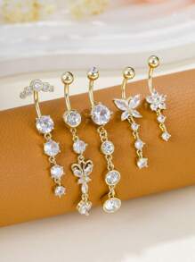 5pcs Stainless Steel Curved Barbell Navel Rings Set, Fashionable Classic Charm Women's Butterfly Heart Zirconia Inlaid Pendant Belly Button Piercing Jewelry, Suitable For Daily Wear And Holiday Gifts - Butterfly Heart Shaped Five-pointed Star - View 13