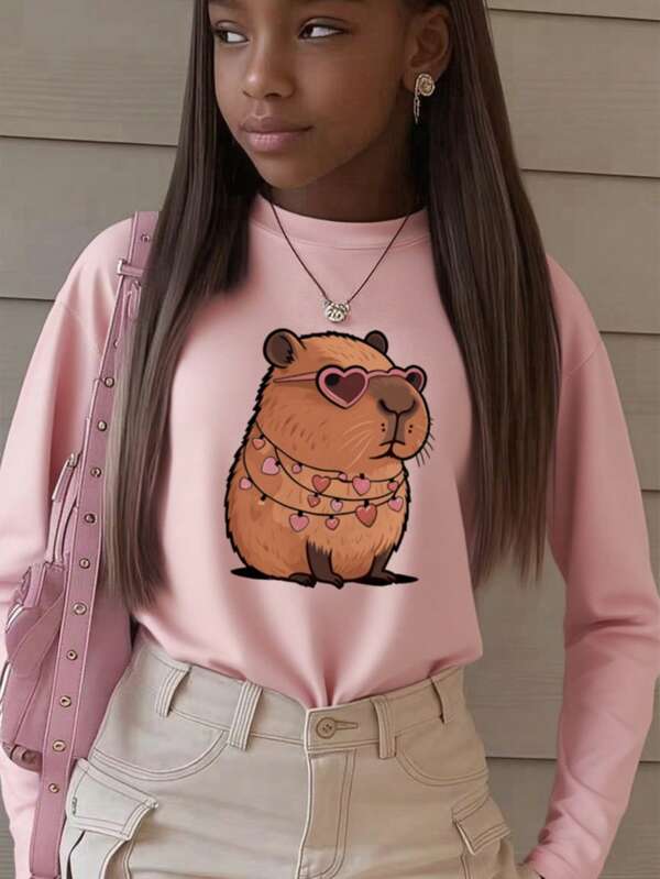 1pc Tween Girls Casual Face Print Crew Neck Long Sleeve T-Shirt, Adorable Student Style Top For Autumn