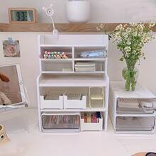 Upgraded Thickened Double Heightened Desktop Organizer, Dormitory Office Storage Box, Cosmetic Books Stationery Organizer, Space Saving Modern Design Durable - White/Small - View 4