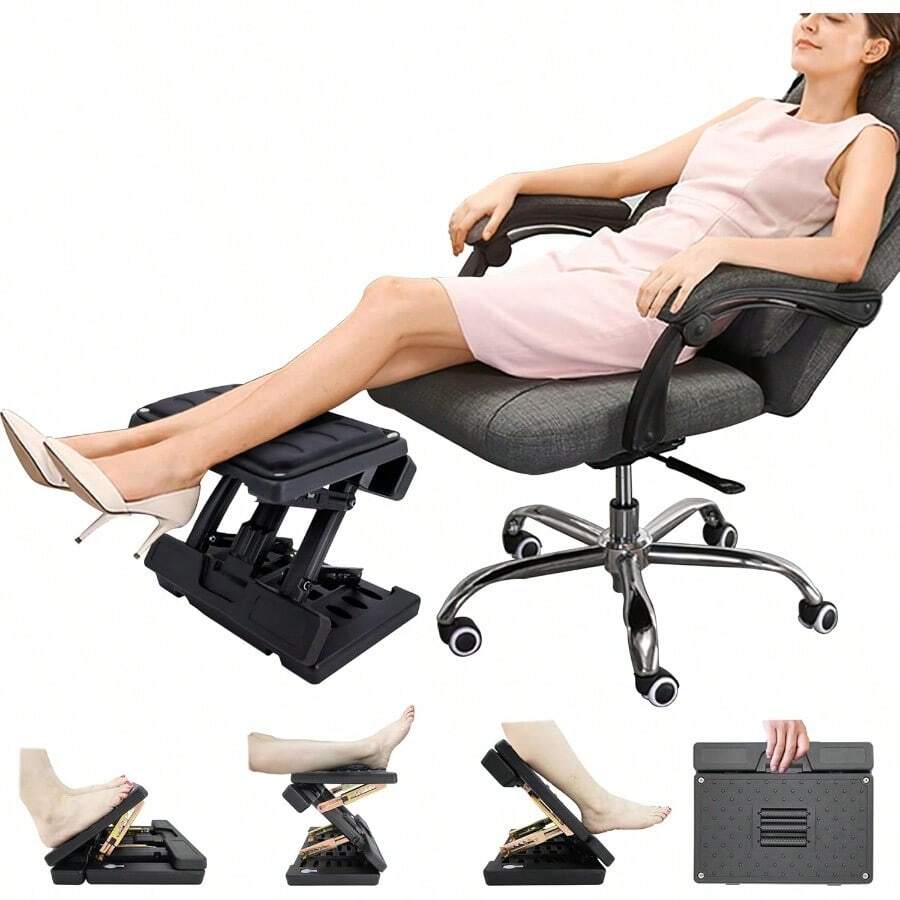 Adjustable Foot Rest And Footstool Under Desk Ergonomic Leg Rest With Massage Roller Height Angle Adjustable Detachable Cushion For Office And Home Black - 滾筒-黑色 - 查看 1
