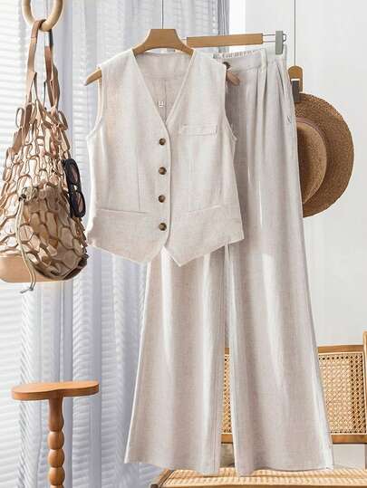 Women's Casual & Resort Style Linen 2 Pieces Set: Sleeveless Blazer Vest And Wide Leg Pants, For Spring & Summer