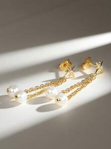 Charm-In 1 Pair Elegant 18K Gold Plated Brass Earrings With Zirconia And Faux Pearl, Gift For Friends, Family, Holidays - Earring - View 3