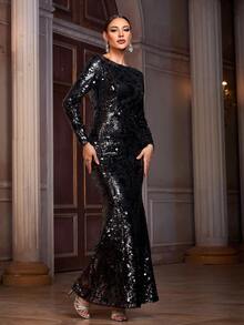 Women's Elegant Woven Fabric Sequin Patchwork - Black - View 4