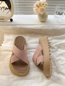 女士厚底凉鞋，圆头镂空坡跟凉鞋，套脚拖鞋，夏季度假休闲户外凉鞋，适合搭配连衣裙和沙滩穿着，厚底拖鞋 - 粉色 - 查看 6