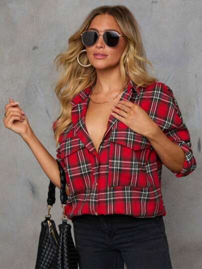 Women's Casual Retro Plaid Front Button Down Loose Fit Long Sleeve Shirt, Woven Fabric 150G, Daily Wear