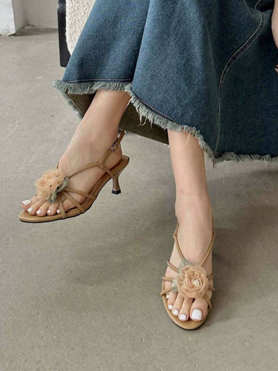 Sandalias mujeres zapatos de flores retro franceses con camelia en los tacones finos con hada suave tacones de gato, Sandalias de tacón para mujer - Albaricoque - Ver 1