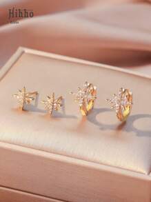 Hihho 4pcs/Set 8-Pointed Star Earrings, Creative Snowflake Cubic Zirconia Copper Earring Set, Suitable For Women, Geometric Copper Jewelry Design - Yellow Gold - View 2