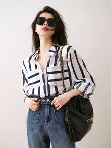 Striped Pocket Shirt, Retro Versatile Vertical Striped Shirt, New Autumn Long Sleeve Top, Versatile Casual Shirt - Navy Blue - View 2