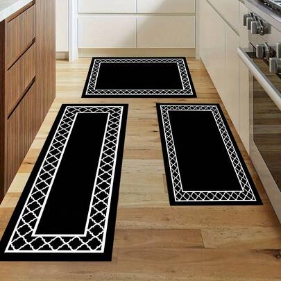 1/2pcs Geometric Kitchen Mat Set-Black And White Style Carpet, Suitable For Entrance, Living Room, Laundry Room And Bathroom-Very Suitable For Home Decoration.