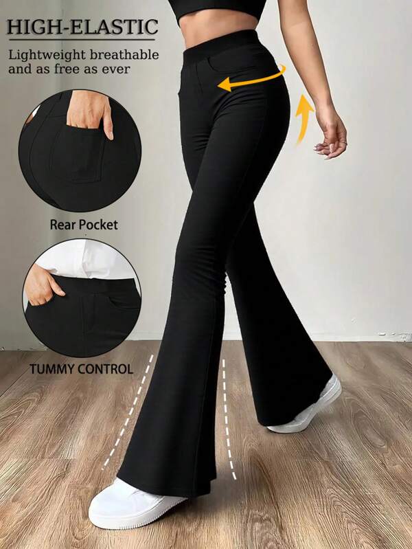 Women Pocket High Waist Slim Wide Leg Pants Seamless Sports Yoga Flared Leggings Gym Butt Lifting Running Training Bootcut Solid Color Sports Pants Full Length Elastic Waistband Pants Stretchy Work Pants Black Round Neck Sports Pants Casual Tights Sports Trousers