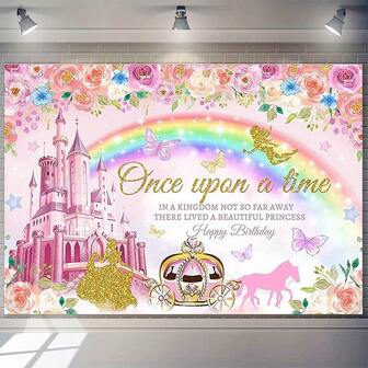 2D 1pc Photography Backdrop, Princess Happy Birthday Background Pink Royal Carriage Floral Theme Birthday Party Decor Banner - Photo Studio Props