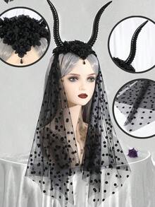 1 件哥特式黑玫瑰花头带，皇冠面纱头饰，适合万圣节、圣诞派对、新娘、角色扮演，优雅黑玫瑰花发带头饰发环服装皇冠、头饰皇冠、婚礼 - 黑色 - 查看 8