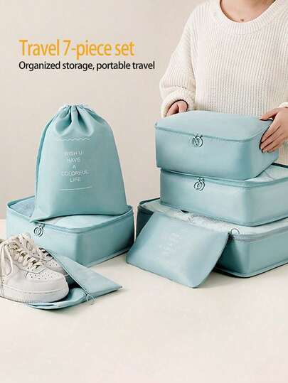 7pcs/Set Portable Travel Organizer Bags - Easily Organize Your Clothes, Shoes And Underwear - Perfect For Suitcase. With Slogan Pattern Design. Travel Bag, Tote Bag, Travel Duffel, Gym Bag, Luggage Bag, Weekend Getaway Bag, Luggage Bag, Carry-On Bag, College Bag, Luggage Bag, Weekend Getaway Bag, Hospital Bag, Holiday Waterproof Bag, Winter