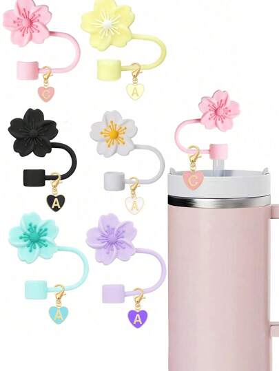 2pcs/1set Heart & Letter Pomegranate Flower Straw Topper, Pink Cup Letter Marker, And Silicone Pomegranate Flower Reusable Straw Cap For 10mm Wide Straw, Cute Letter Decorations, Suitable For Modern Minimalist Glass Cups