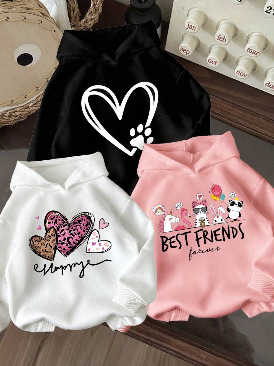 3件套幼儿心形图案保暖连帽卫衣 - 彩色 - 查看 1