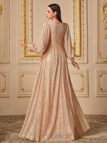 UNITHORSE Women's Deep V-Neck Long Sleeve Sequin Mermaid Hem Evening Party Dress - Champagne - View 2