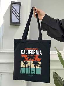 1pc Fashionable Casual Versatile Black Canvas Shoulder Bag, California Coconut Tree Beach Vacation Style - Black - View 1