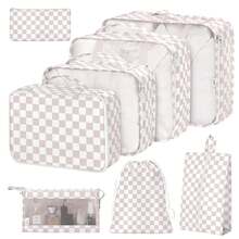 8 Set Travel Essentials, Suitcase Organizer Bags, Packing Cubes, Storage Bag, Travel Organizer Bags, Vacation Essentials, Travel Accessories, Cruise Essentials, Beach Essentials, Purse Essentials, School Supplies, Suitable For Organization And Storage - 淺粉格子 - 查看 1
